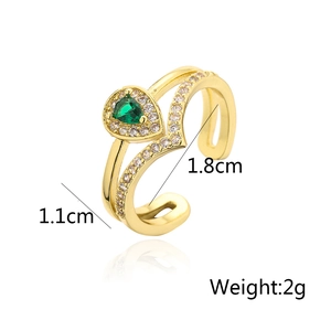 Detailed view of 18K gold plated ring featuring green pear-shaped zircon with dimensions
