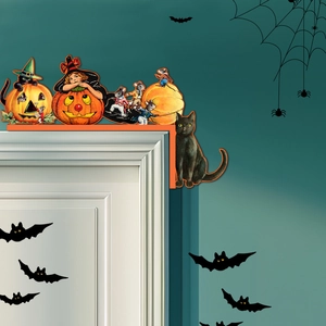 Halloween vintage wood door corner decor featuring a black cat and witch design