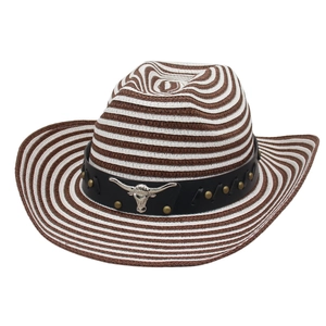 Chapeau de cowboy en paille à rayures brunes avec emblème tête de taureau argentée