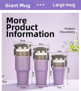 Three sizes of purple stainless steel tumblers showing 40oz, 30oz, and 20oz dimensions