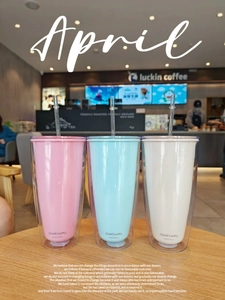 Detailed view of three 750ml double-layer insulated plastic straw cups in pastel colors