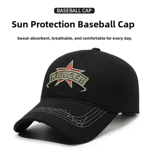 Close-up of black baseball cap with red star and RANGER embroidery and reinforced stitching