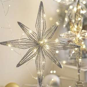 Silver glowing LED Christmas tree topper star with metallic glitter finish decoration