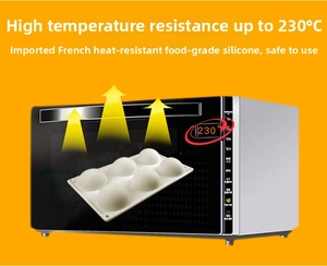 Detail of 6-cavity silicone mold showing heat resistance up to 230°C for baking use