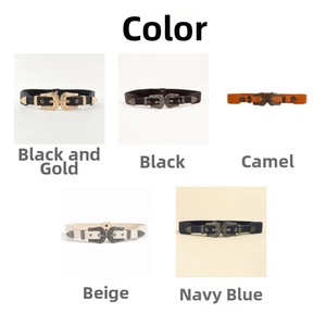 Detail showing five colors of retro elastic belts with engraved double metal buckles