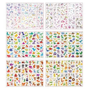 Waterproof cartoon tattoo stickers set featuring unicorns, dinosaurs, and forest animals