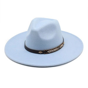 Detail of light blue wide brim wool fedora with brown buckled decorative band