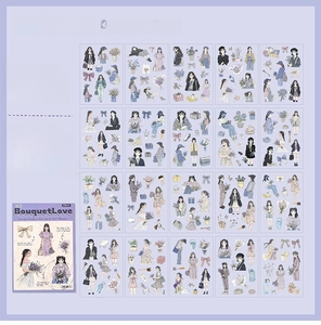 Macro view of 20-piece PET flower girl sticker set for DIY scrapbooking journaling