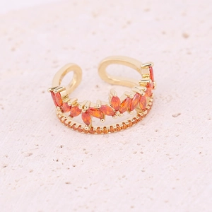 Adjustable gold ring with double rows of orange marquise and round zircon stones