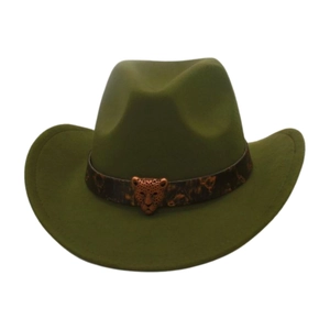 Detail of army green cowboy hat featuring leopard print band and metal leopard head buckle