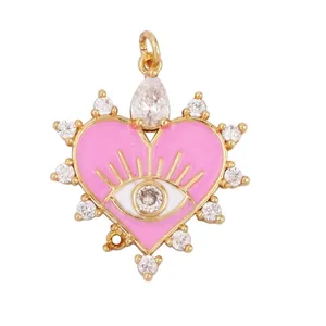 Detailed view of pink heart pendant with evil eye design and zircon measurements
