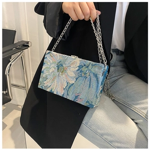 Floral print box clutch bag with elegant silver chain strap and jacquard texture for women