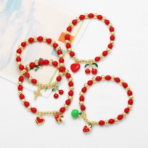 Beaded fruit charm bracelets with cherry, strawberry, and heart pendants in red and gold