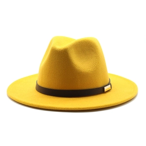 Stylish yellow wide brim wool fedora hat with black leather band and gold metal buckle