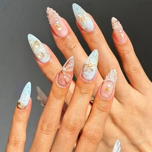 Blue Ocean Theme Press On Nails With 3D Starfish Shells And Artificial Pearls Almond Shape French Style False Nails