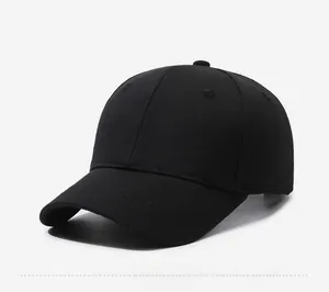 Detail view of the classic six-panel construction and curved brim on a black cotton baseball cap