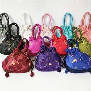 Detailed grid view showing ten color options of embroidered satin drawstring bags