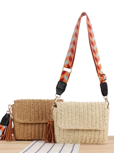 Handwoven Straw Crossbody Bag Paper Rope Summer Beach Vacation Geometric Wide Strap Tassel Decor For Women