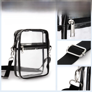 Detail view of transparent PVC crossbody bag showing sturdy metal zippers and strap hooks