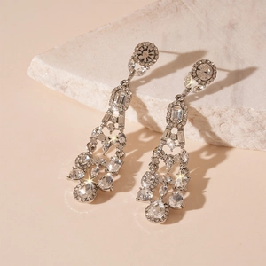 Sparkling geometric teardrop tassel earrings with silver needle in high-end luxury style