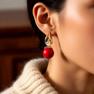 Close-up of elegant gold and red resin earrings with zircon stone worn by a model