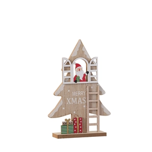 Wooden desktop Christmas tree ornament with Santa and gift boxes, Merry Xmas decor