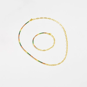 S925 sterling silver paperclip chain necklace and bracelet set with rainbow gemstones