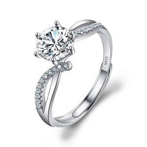 Elegant S925 sterling silver ring with six-prong round cut moissanite and twisted band