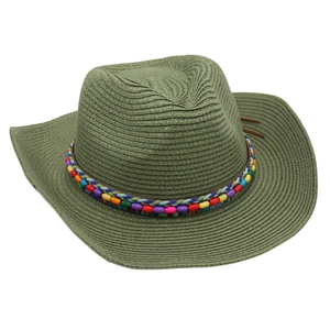 Detail of army green woven cowboy straw hat with vibrant colorful beads and leather cord