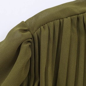 Elegant army green pleated chiffon maxi dress with metallic details and long sleeves