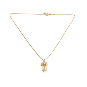 Elegant gold fan-shaped necklace with micro-paved zircons and tassels on white background