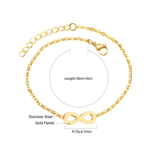 Detailed close-up of a gold-plated stainless steel infinity symbol bracelet with size specs