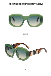 Detail of green hexagonal sunglasses with leopard print temples and gradient lenses