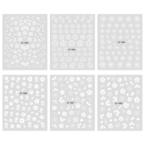 Self-adhesive white flower nail art stickers set with six diverse floral pattern sheets