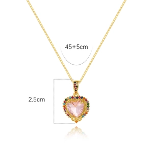 Detail view of heart pendant with pink stone and 45+5cm gold chain measurement