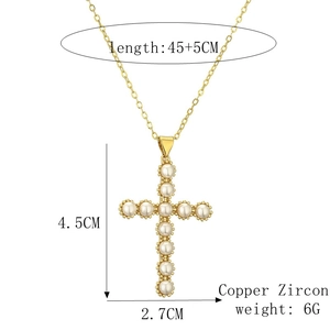 Detailed dimension guide for gold cross necklace with pearl and zircon inlay measurements