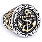 Men's vintage stainless steel nautical anchor ring with silver and gold two-tone finish