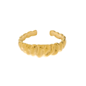 Close-up of golden croissant ring with elegant textured ripple design and open band