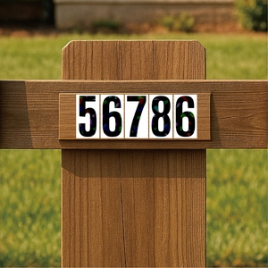 Detail of 4-inch reflective laser numbers showing waterproof vinyl texture on wood