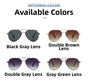 Classic aviator sunglasses with metal frames in black, tea, grey, and green lenses
