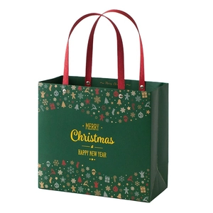 Green Christmas gift bag with red handles and festive gold Merry Christmas lettering