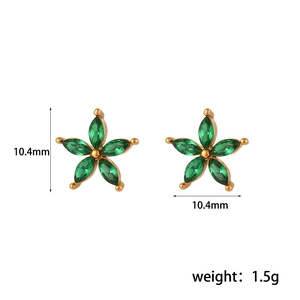 Detail showing dimensions of golden flower earrings with green zircon stones