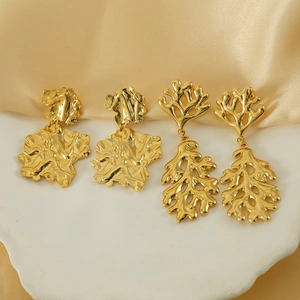Vintage Statement Earrings 18K Gold Plated Stainless Steel Irregular Lava Leaf Branch Hollow Drop For Women
