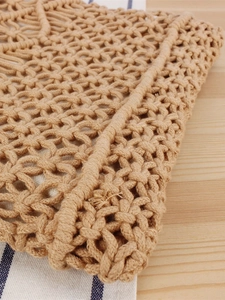 Handmade beige cotton rope macrame tote bag with minimalist woven mesh hollow design