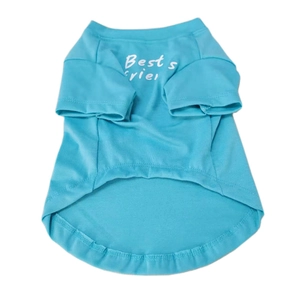 Close-up of blue pet T-shirt with white text print on the back for dogs