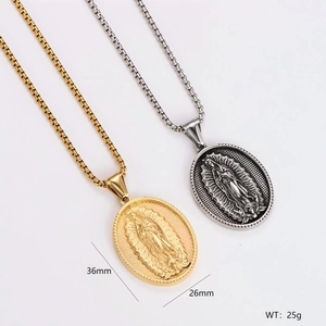 Vintage Guadalupe Virgin Mary pendant necklace in gold and silver finish, 36mm size