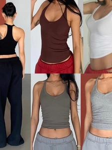 Women Halter V Neck Ribbed Knit Tank Top Slim Fit Racerback Sleeveless Camisole Viscose Spandex Summer Streetwear