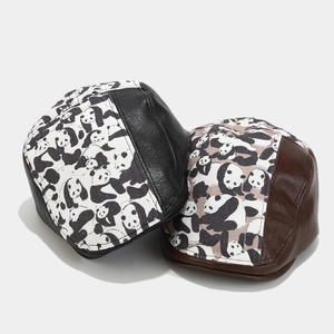 Retro ivy caps with panda print canvas and PU leather splicing in black and brown