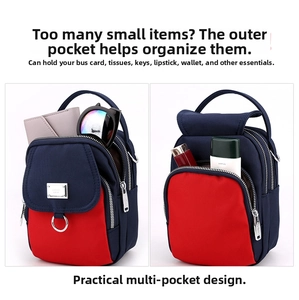 Detail view of multi-compartment oxford crossbody bag showing storage space for daily items