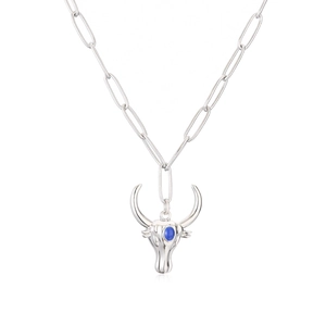 Silver bull head pendant necklace with blue zircon inlay and polished O-link chain